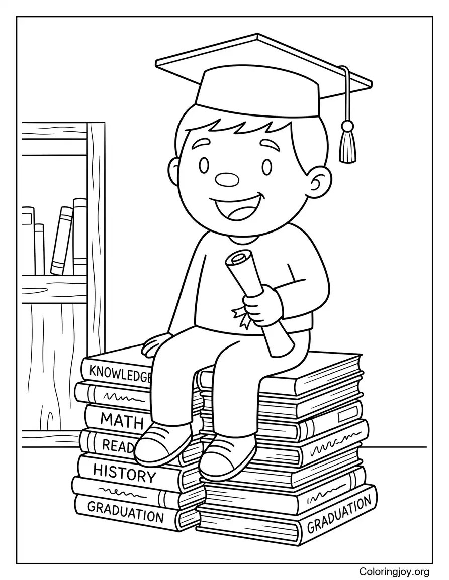 Boy Sitting On Books Wearing A Graduation Cap coloring page