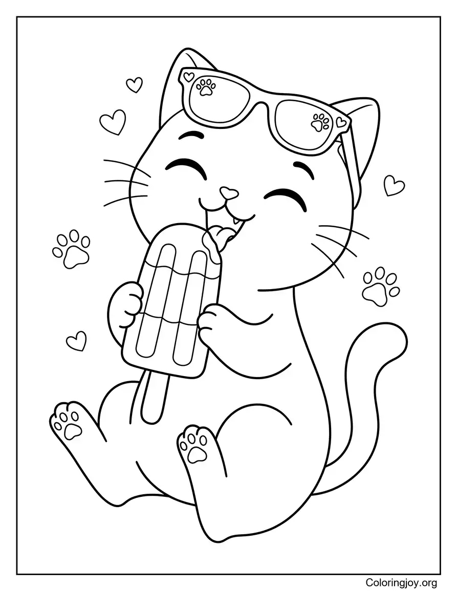 Cute Cat Holding Popsicle Treat coloring page