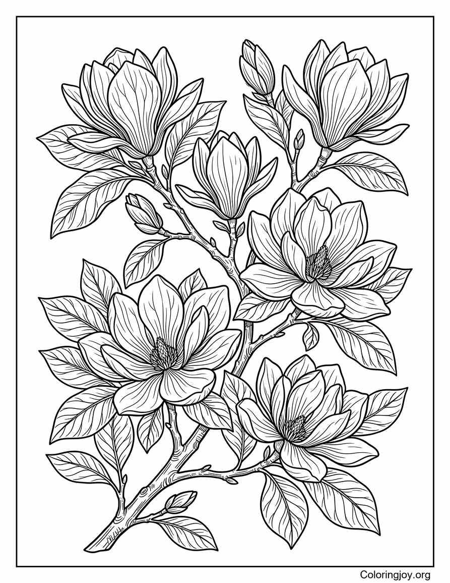 de rama de flor de primavera de magnolia página para colorear