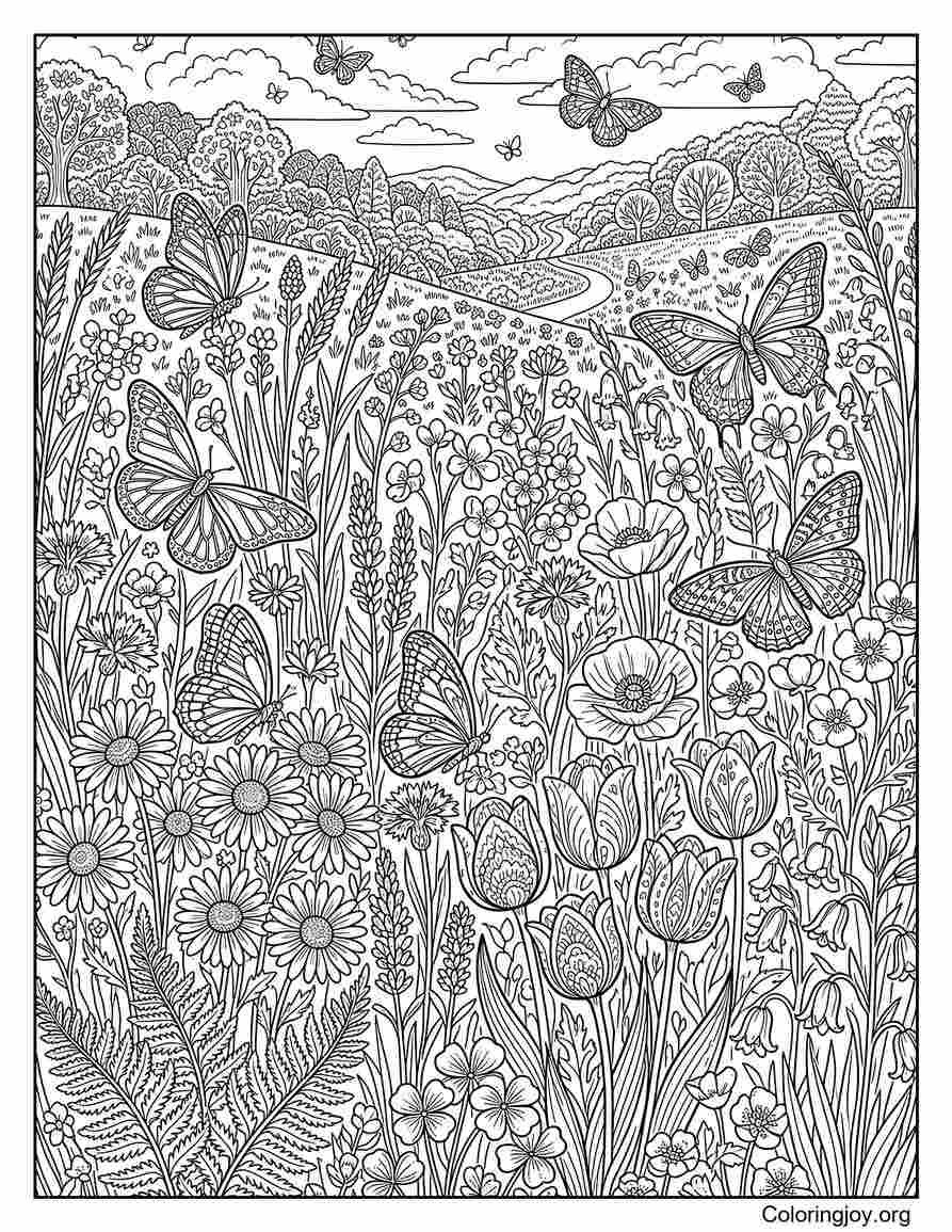 de pradera de flores silvestres de primavera página para colorear