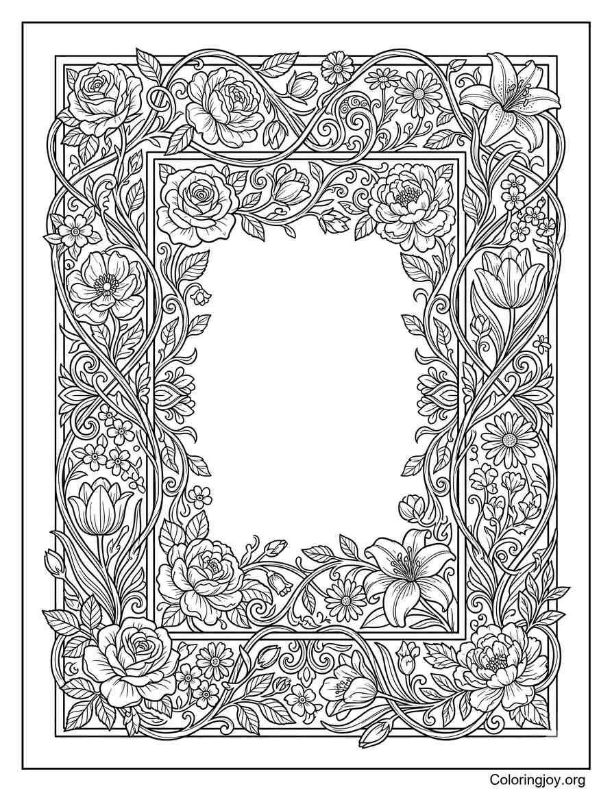 de marco de vid de flores de primavera adornado página para colorear