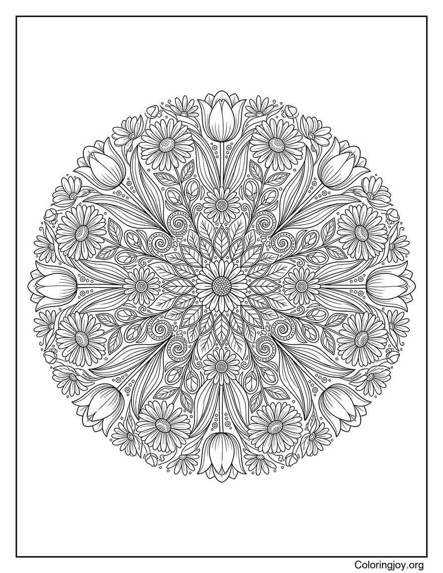 Mandala floral de primavera con tulipanes para colorear página para colorear