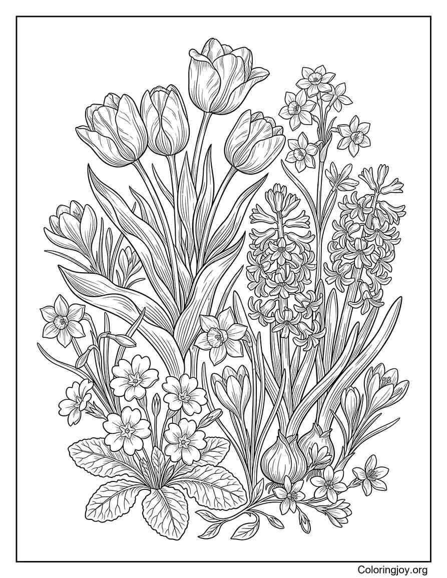 de flores botánicas vintage de primavera página para colorear