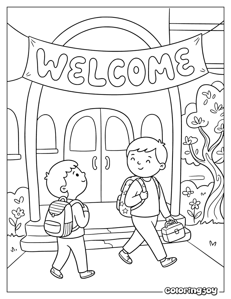 Children entering a school beneath a large welcome banner.