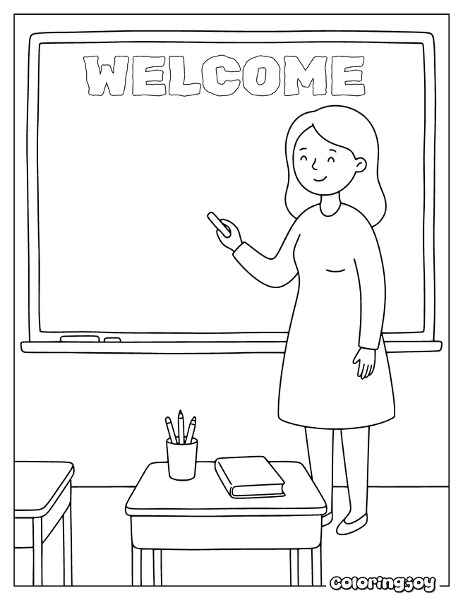 A teacher writing a welcome message on the classroom chalkboard.