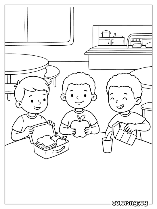 Three children sharing lunch together at a school cafeteria table.