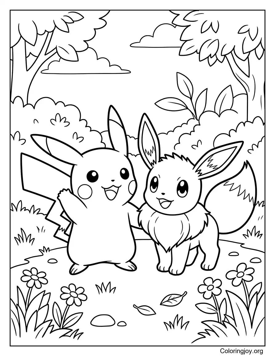 El lindo Pikachu y Eevee parados juntos en una pose amistosa página para colorear