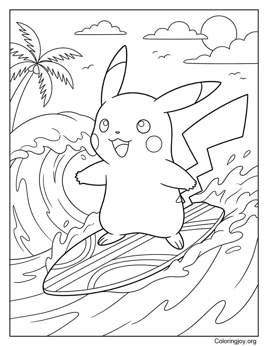 Surfeando Pikachu Playa página para colorear