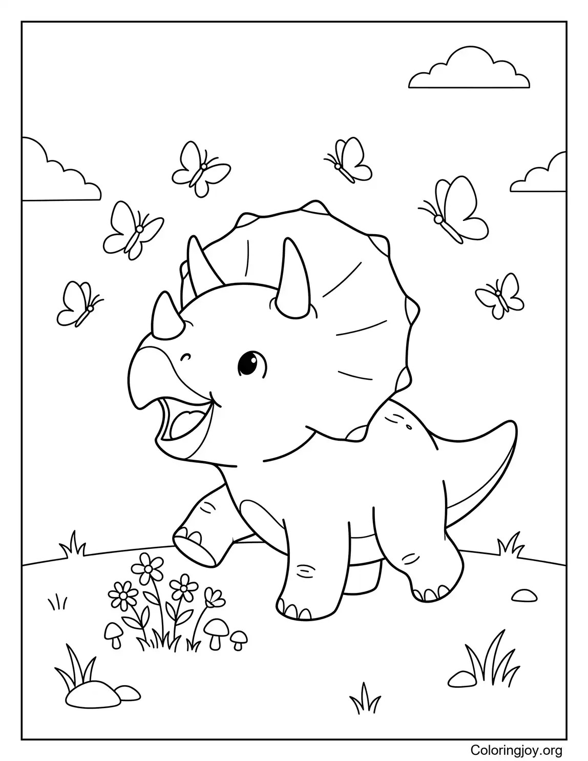 Cute Baby Triceratops Playing With Butterflies Coloring Sheet