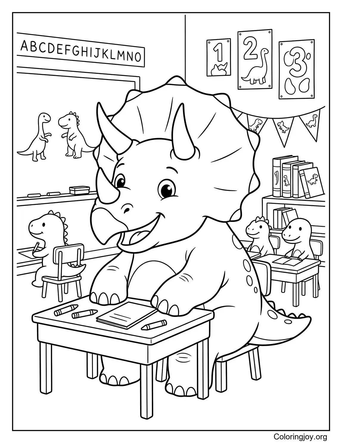 Cartoon Triceratops at Dinosaur School Coloring Page for Kids