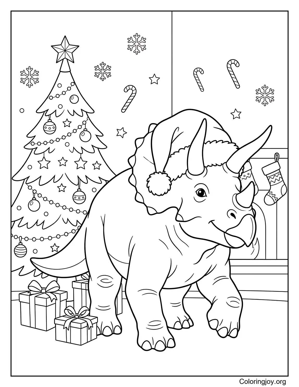 Christmas Triceratops Wearing Santa Hat Coloring Page