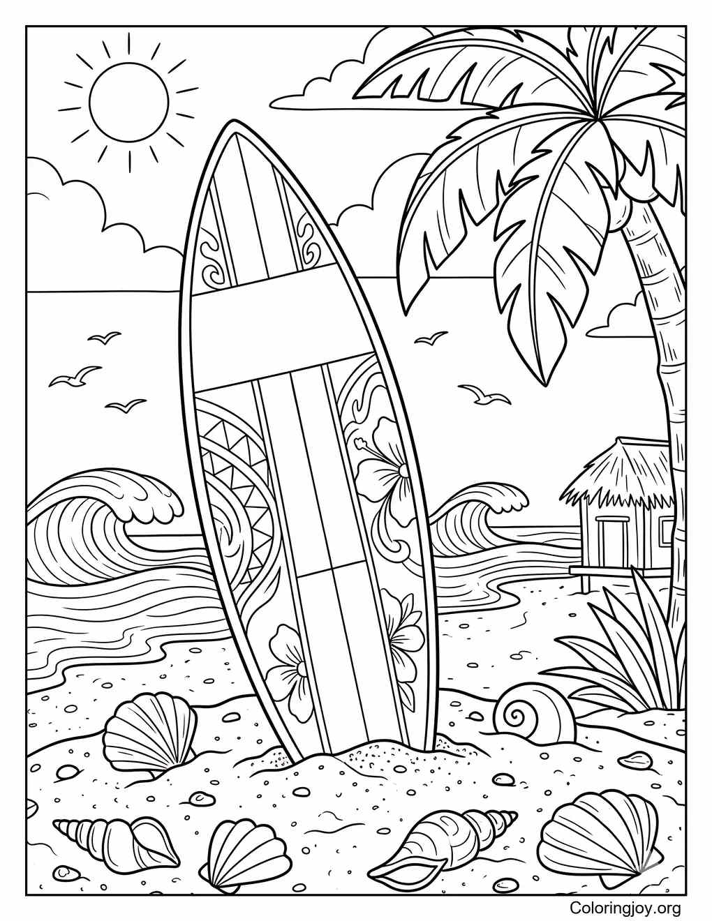 Surfboards On The Shore Beach Adventure Coloring Sheet coloring page
