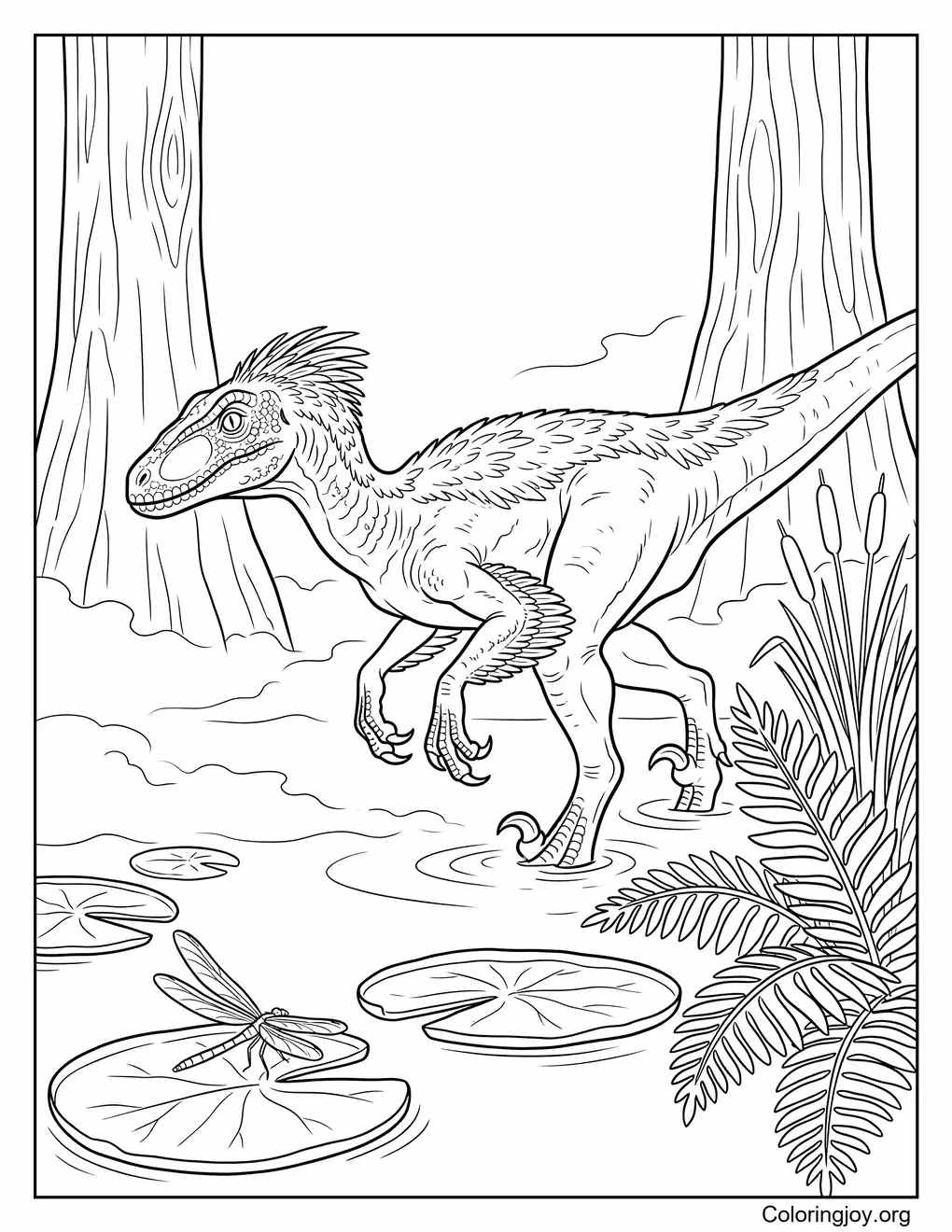 Ancient Realistic Velociraptor In Prehistoric Swamp coloring page