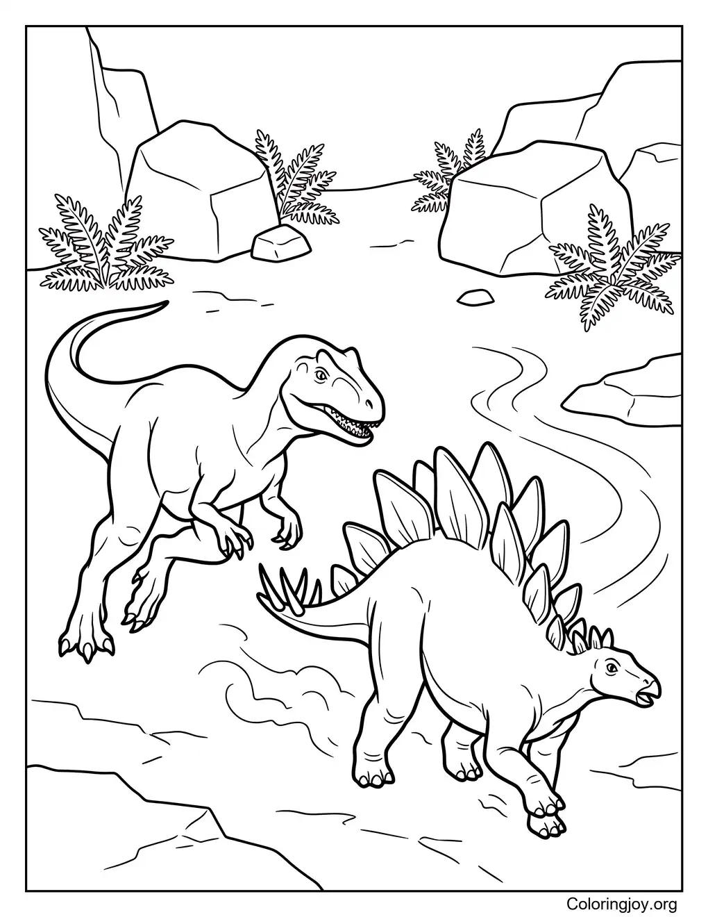 Allosaurus Chasing a Stegosaurus Coloring Sheet
