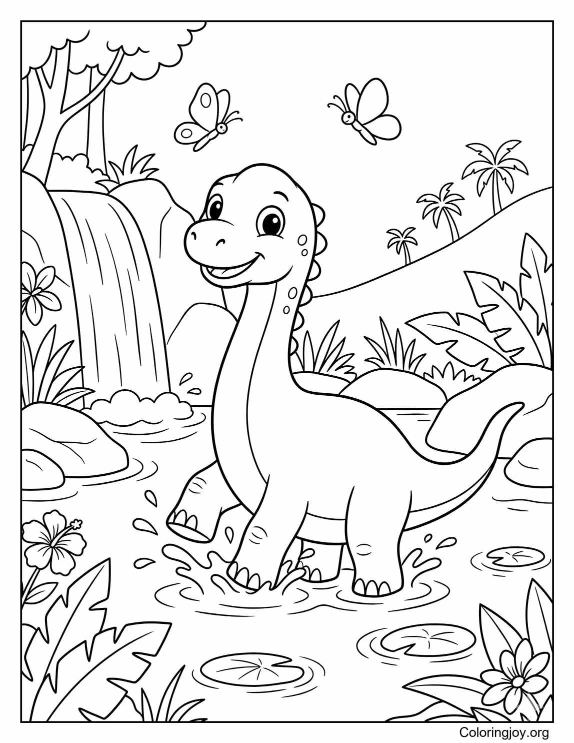 Baby Brachiosaurus Playing Near a Waterfall
