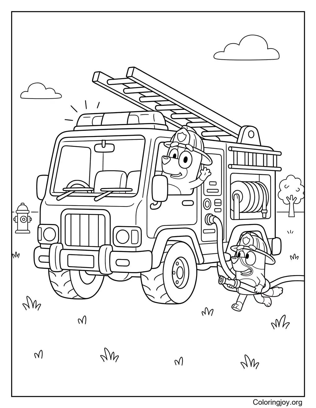 Coloriage de camion de pompiers de style Bluey