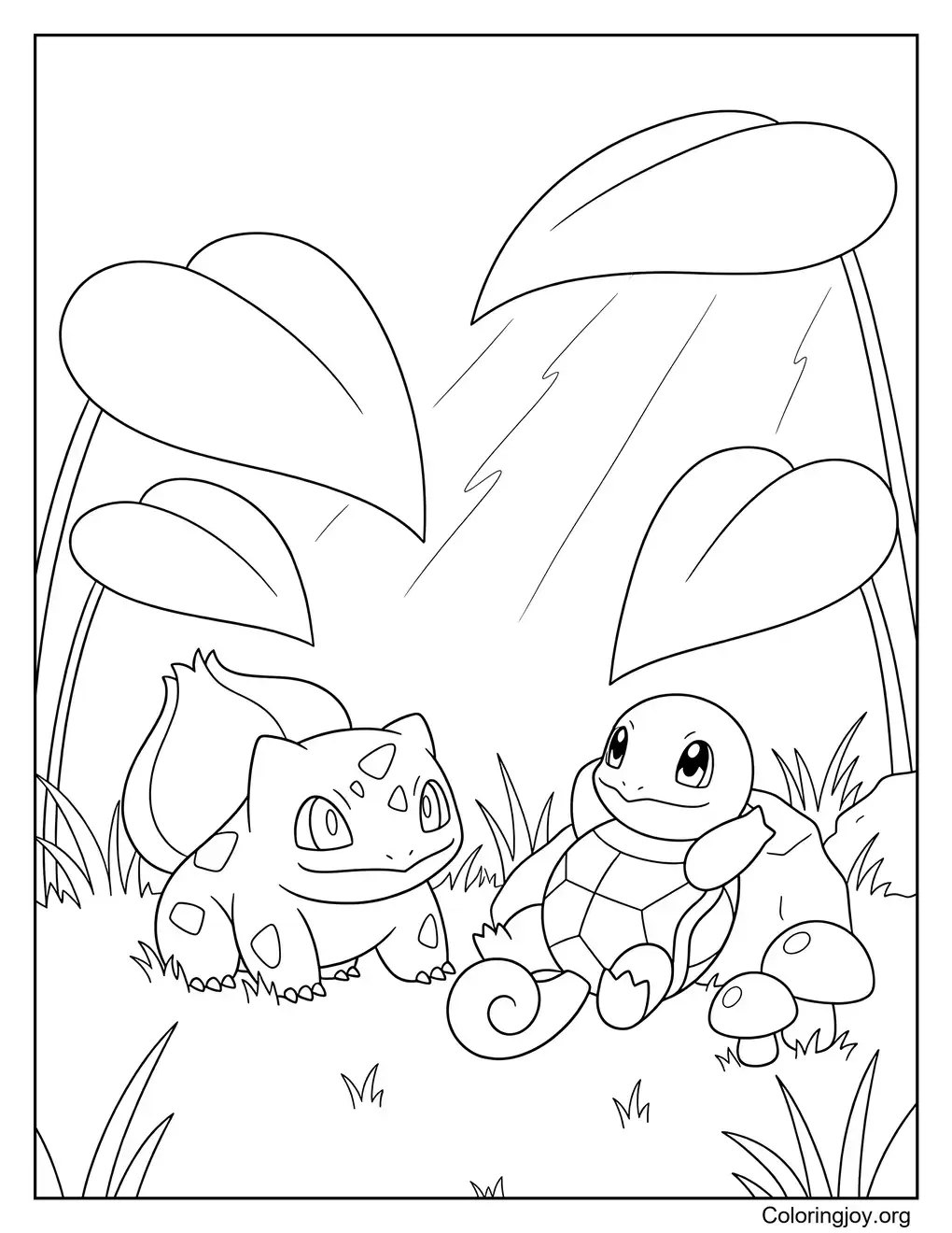 Feuille de coloriage sur le thème de Bulbasaur et Squirtle à imprimer