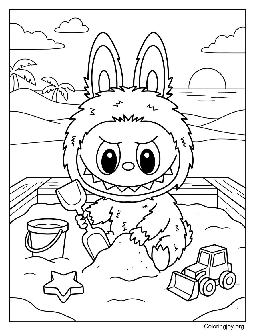 Jugando en el arenero con juguetes Labubu-Hoja para colorear inspirada página para colorear