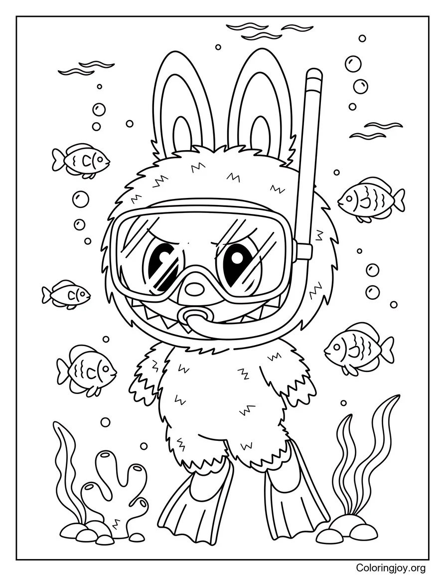 Buceo con peces bajo el aguainspirada en Labubu página para colorear