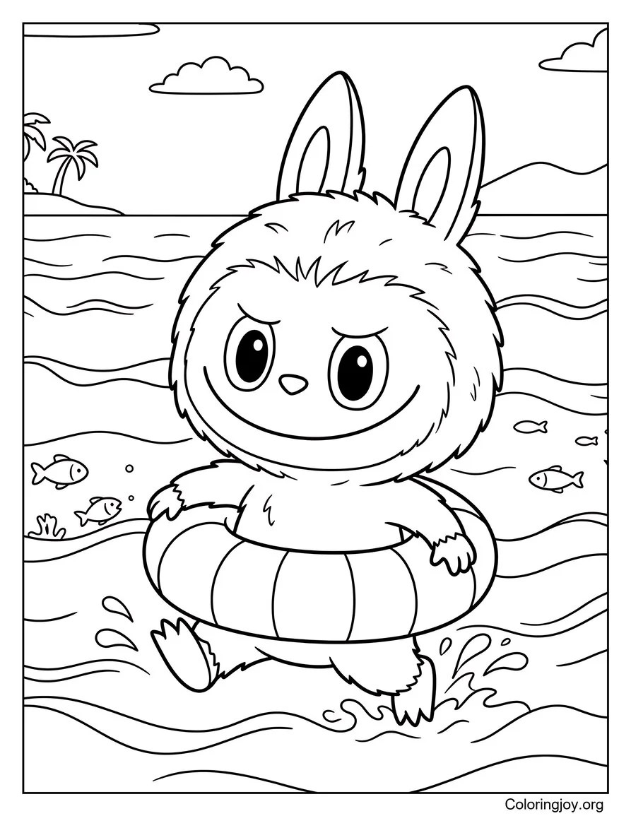 Nadando en el mar con un anillo flotante Labubu-Hoja para colorear inspirada página para colorear