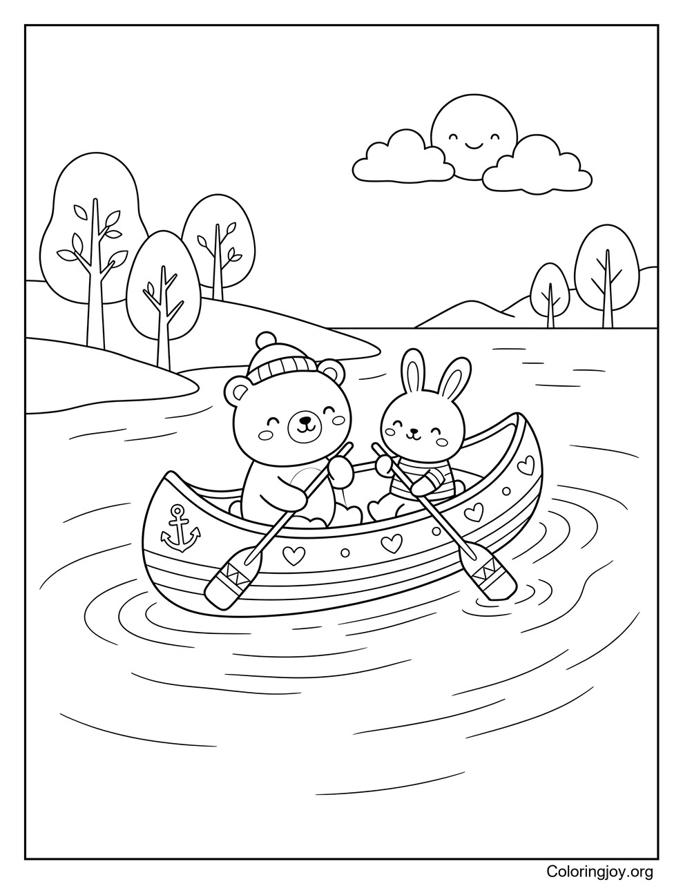 Ein Kanu schwimmt über ruhiges Wasser.