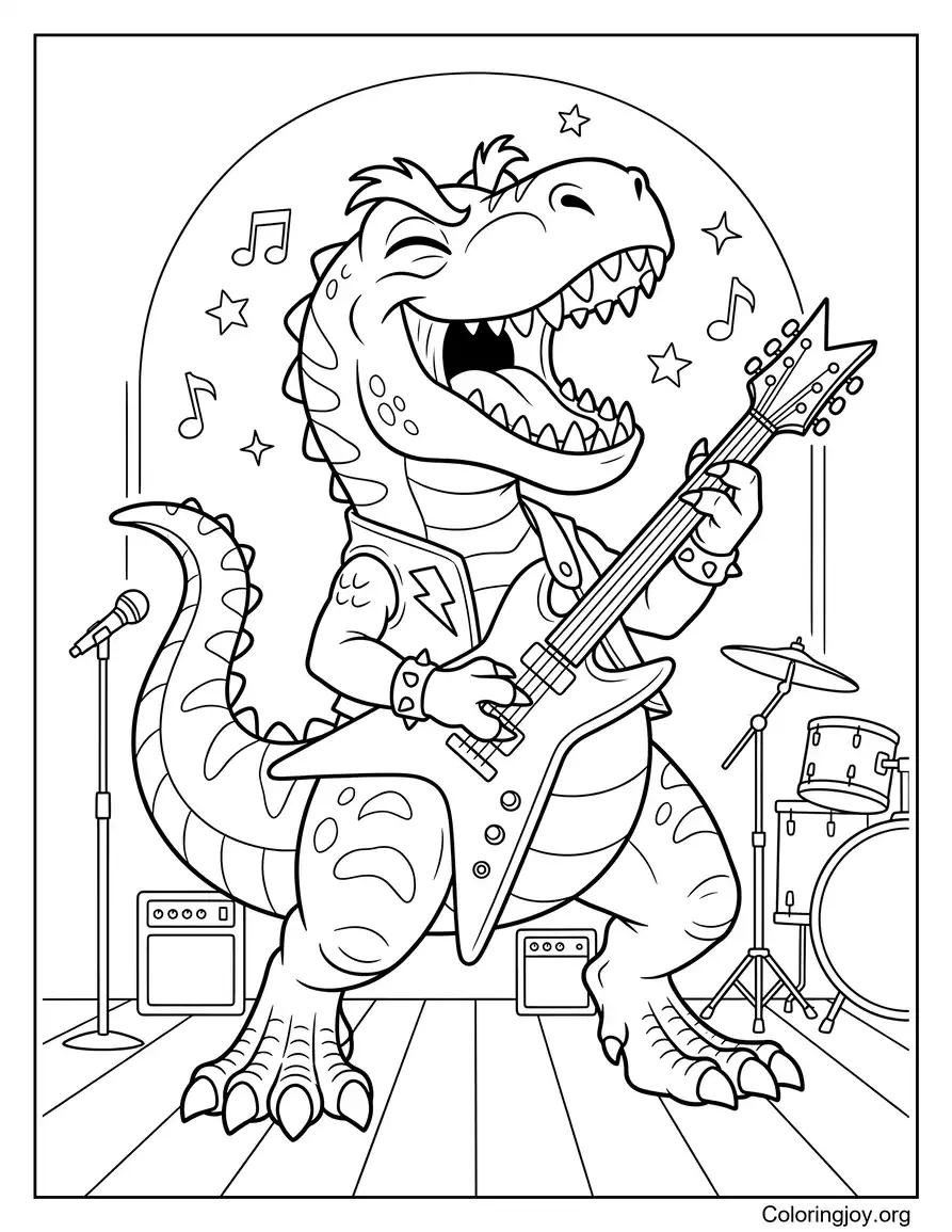 Rockstar T-Rex Playing Guitar on Stage coloring page