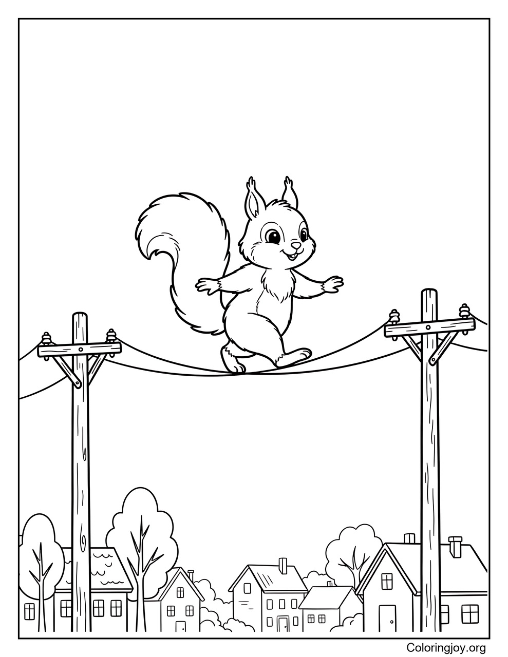 Balancing on a Telephone Wire with a Squirrel coloring page
