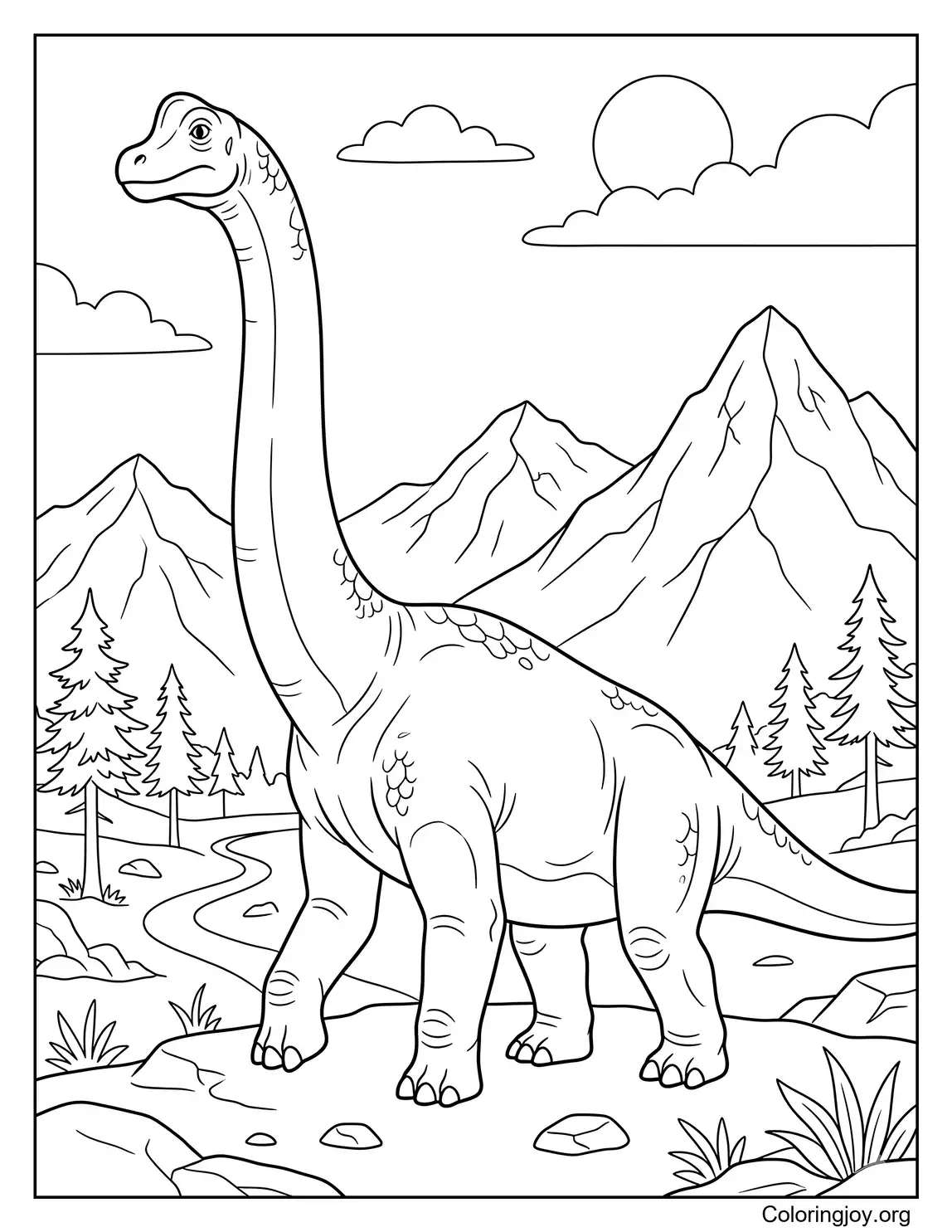 Realistic Brachiosaurus Near Ancient Mountains