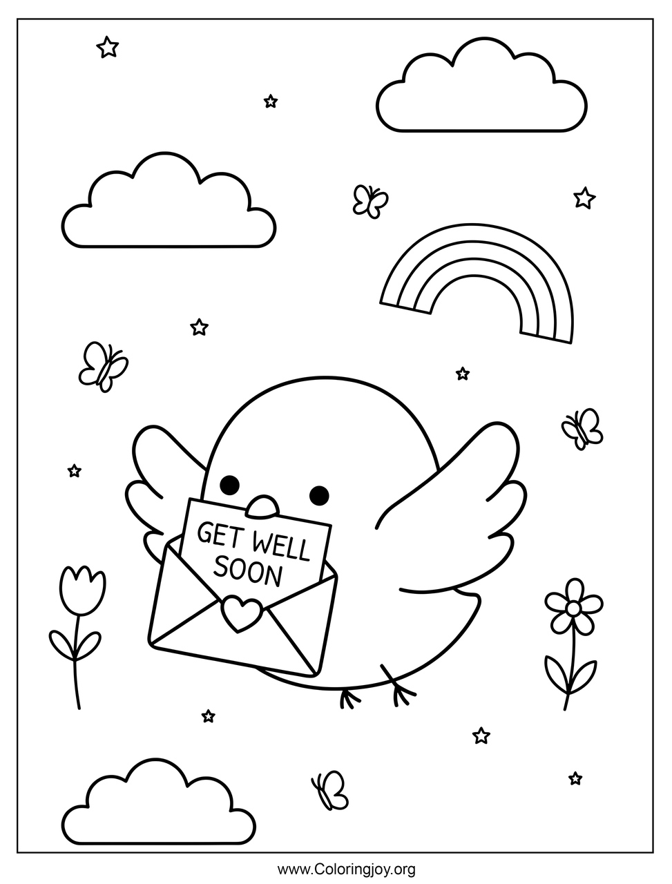 Pájaro entregando una carta de que te mejores pronto
