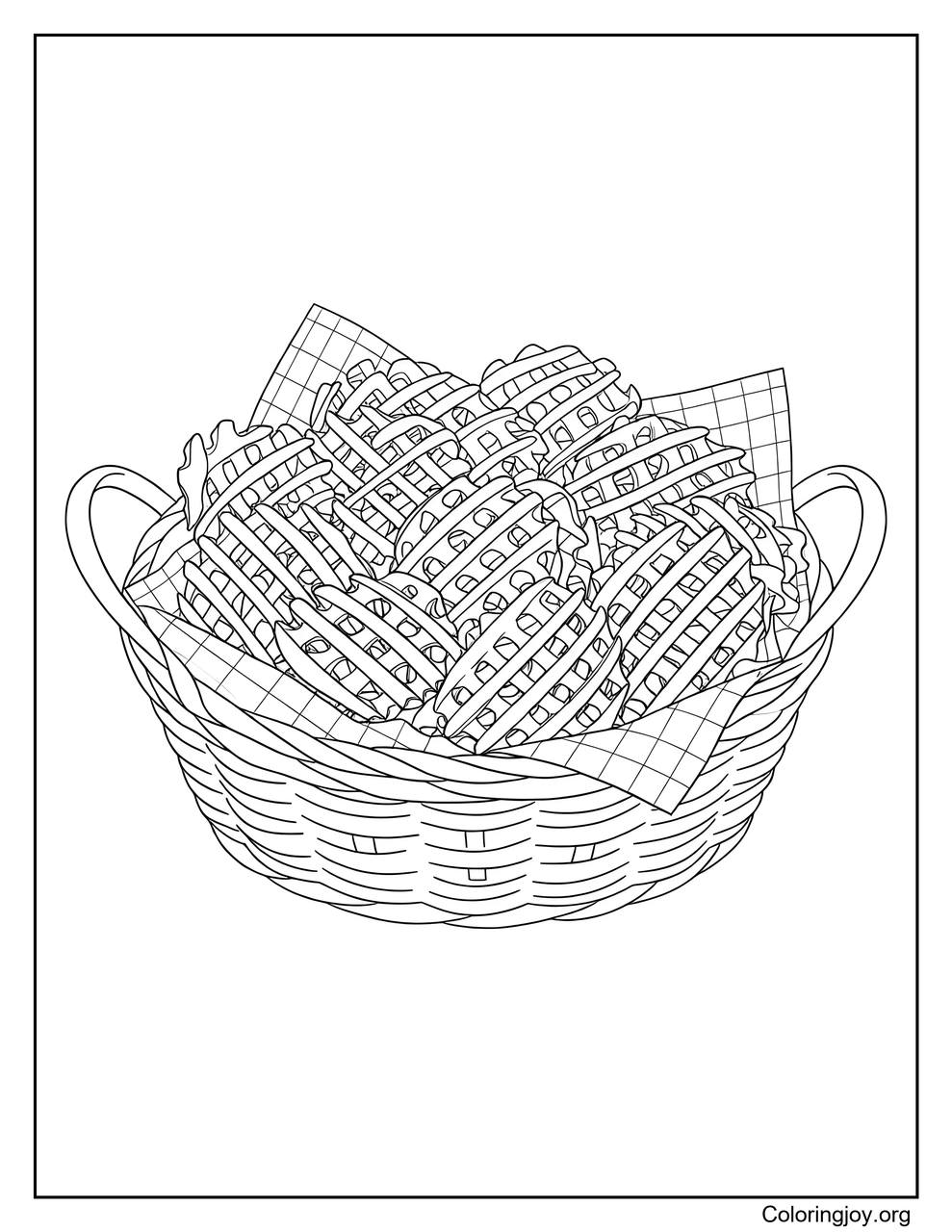 Inside the basket are waffle fries with cool crisscross shapes.