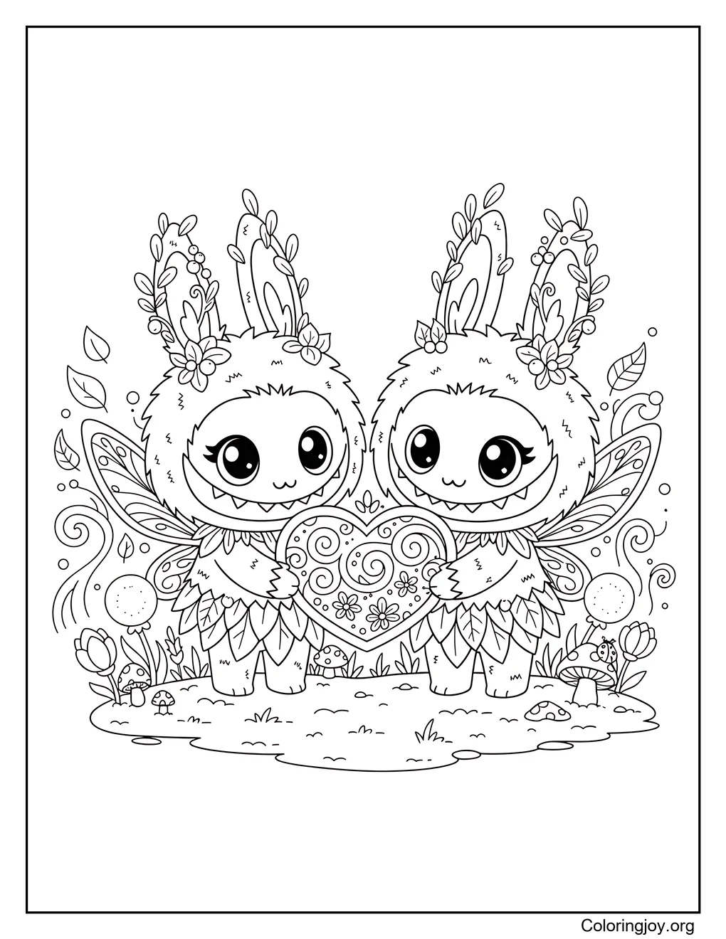 Estilo duendecillo Labubu San Valentín página para colorear