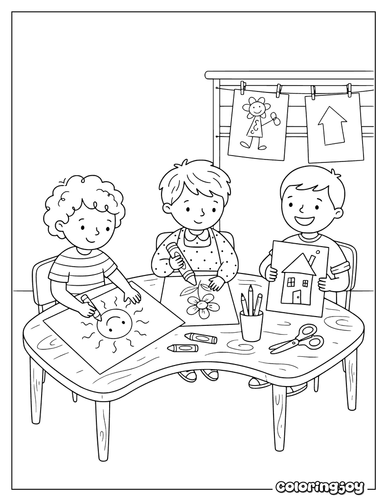 Children drawing pictures together around a classroom art table.
