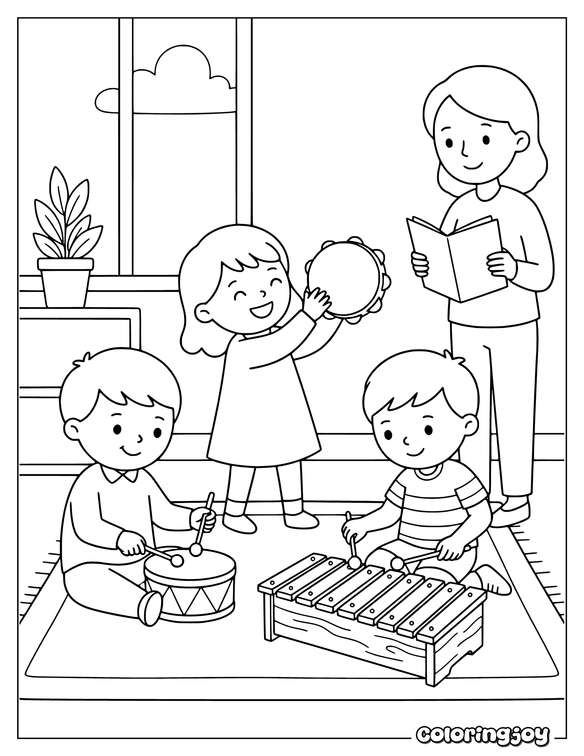 Children playing simple musical instruments during their first music lesson.