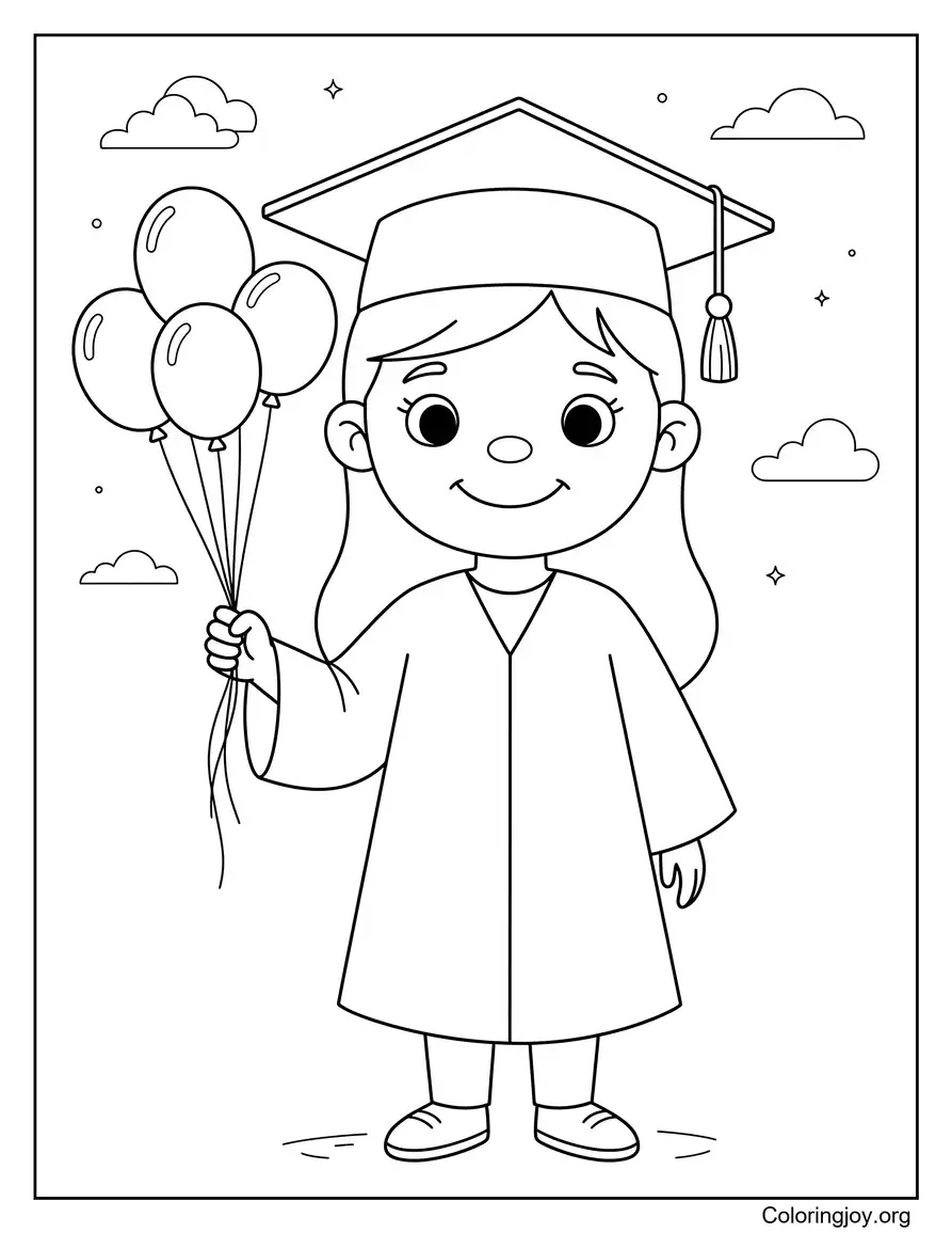 Kindergarten Girl Wearing Graduation Cap With Balloons coloring page