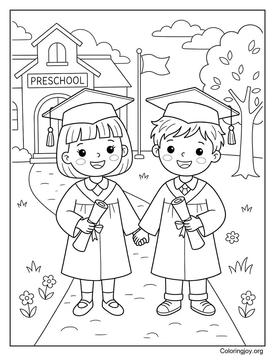 Little Twins Graduating Together From Preschool coloring page