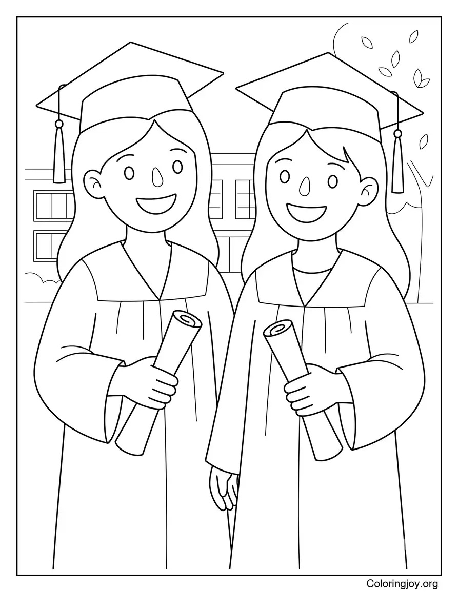 Two Best Friends At High School Graduation Holding Diplomas coloring page