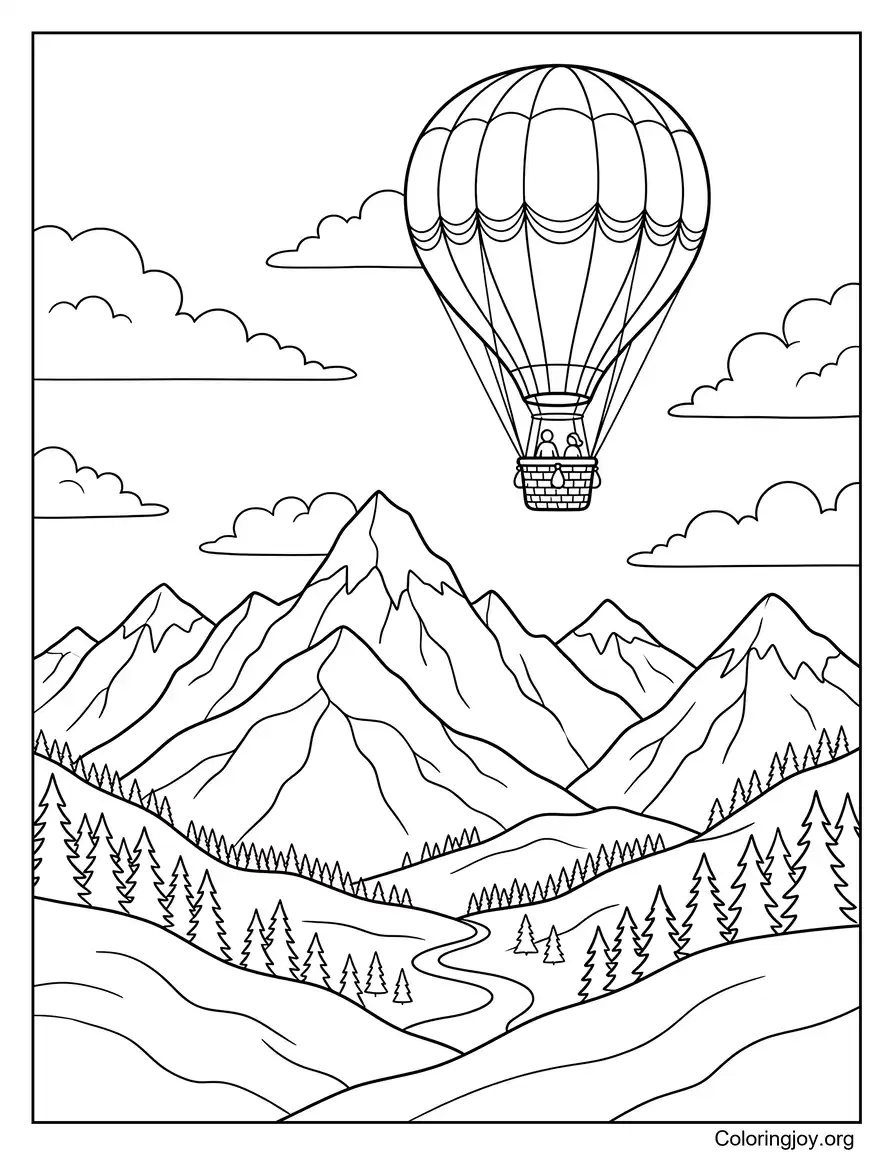 Mountain With Hot Air Balloon coloring page
