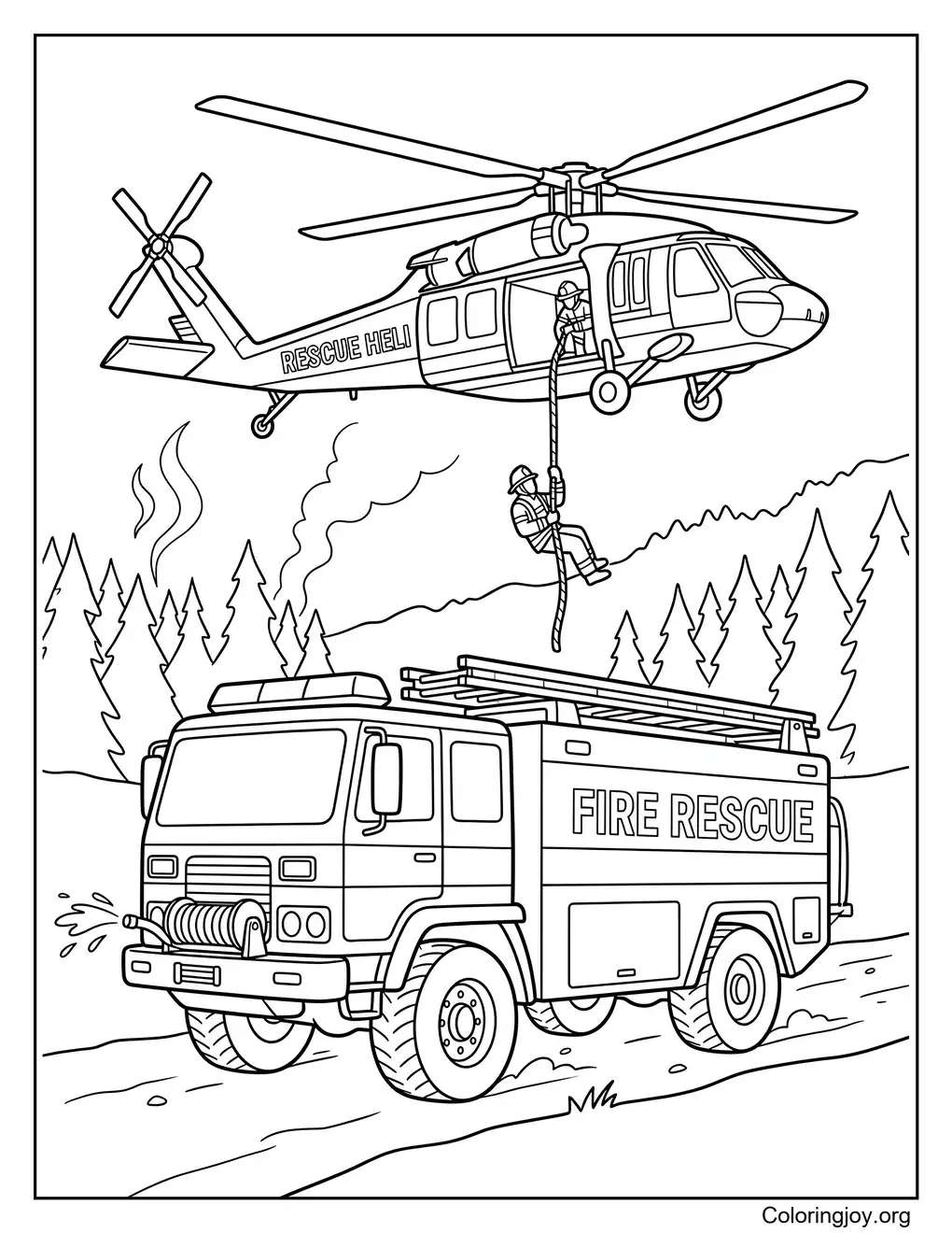 Coloriage de sauvetage par hélicoptère de camion de pompiers