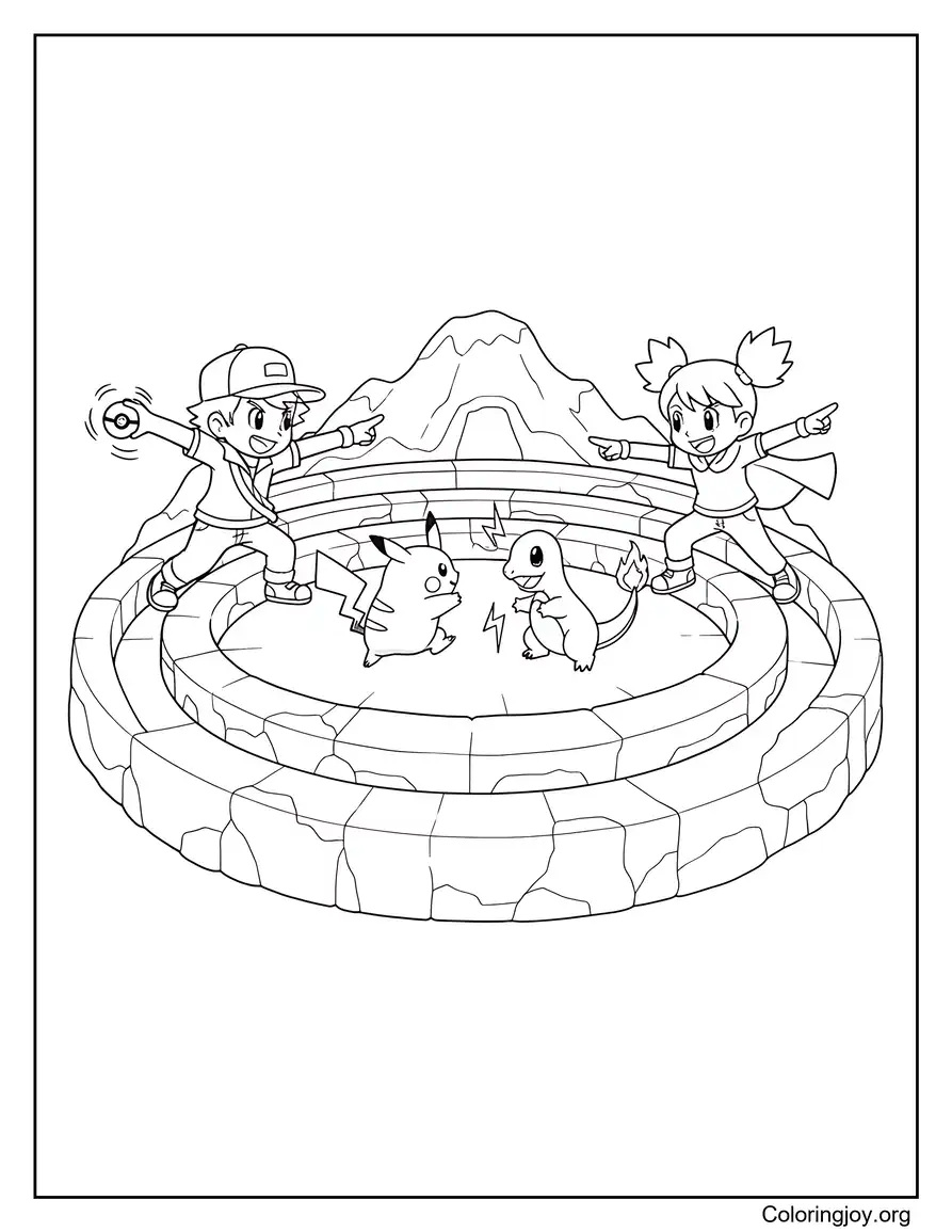Mountain Battle Arena con entrenadores página para colorear