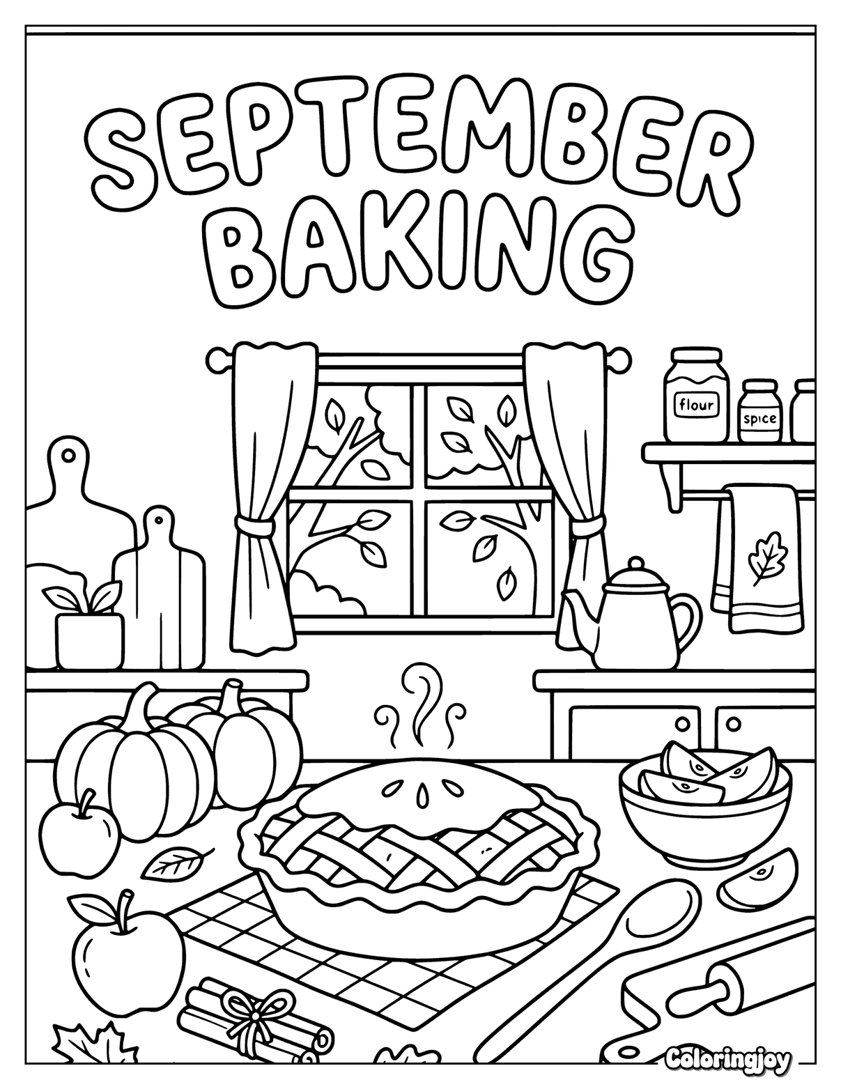 September Apple Pie Baking Coloring Page