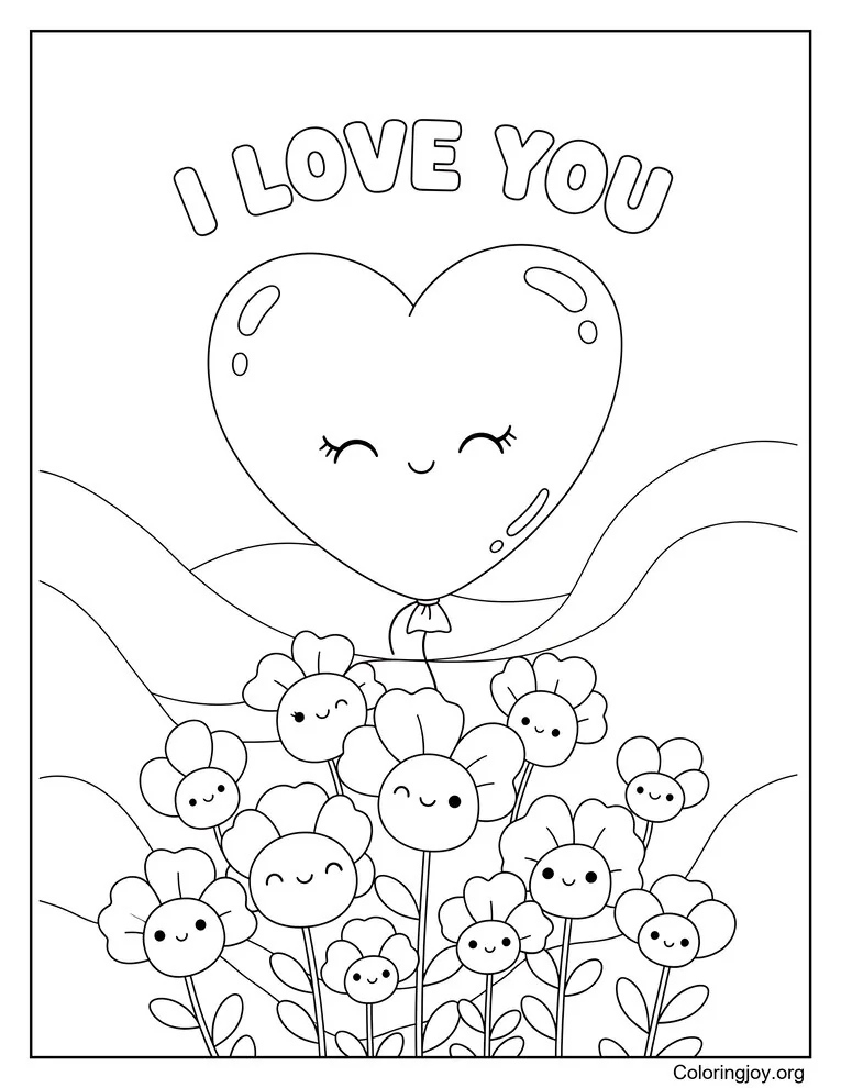 Floating Flower Heart With I Love You coloring page