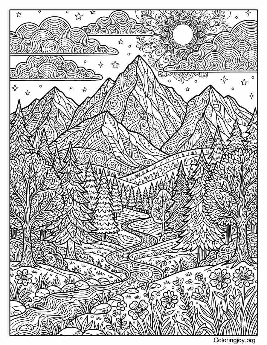 Mountain Landscape For Adults coloring page