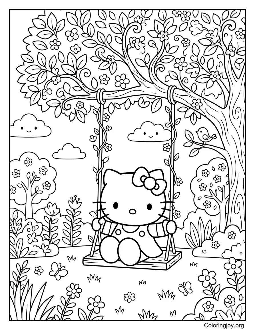 Paseo por el jardín de primavera con Hello Kitty página para colorear