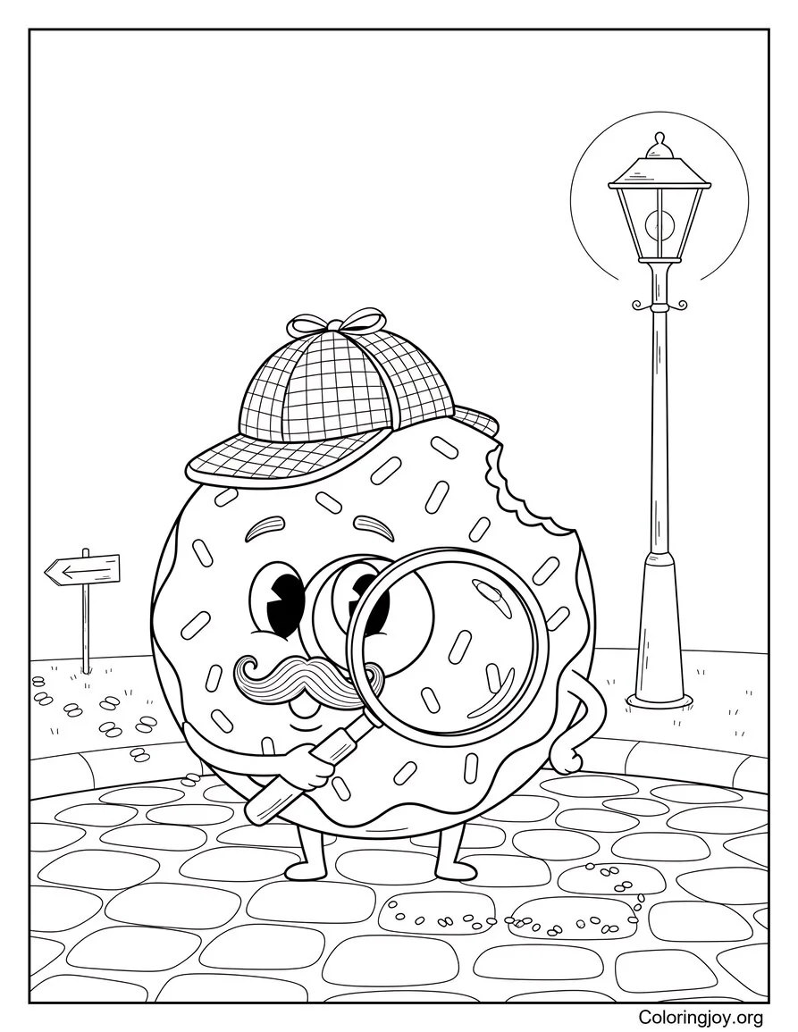 These detective donuts explore a cobblestone street with magnifying glasses.