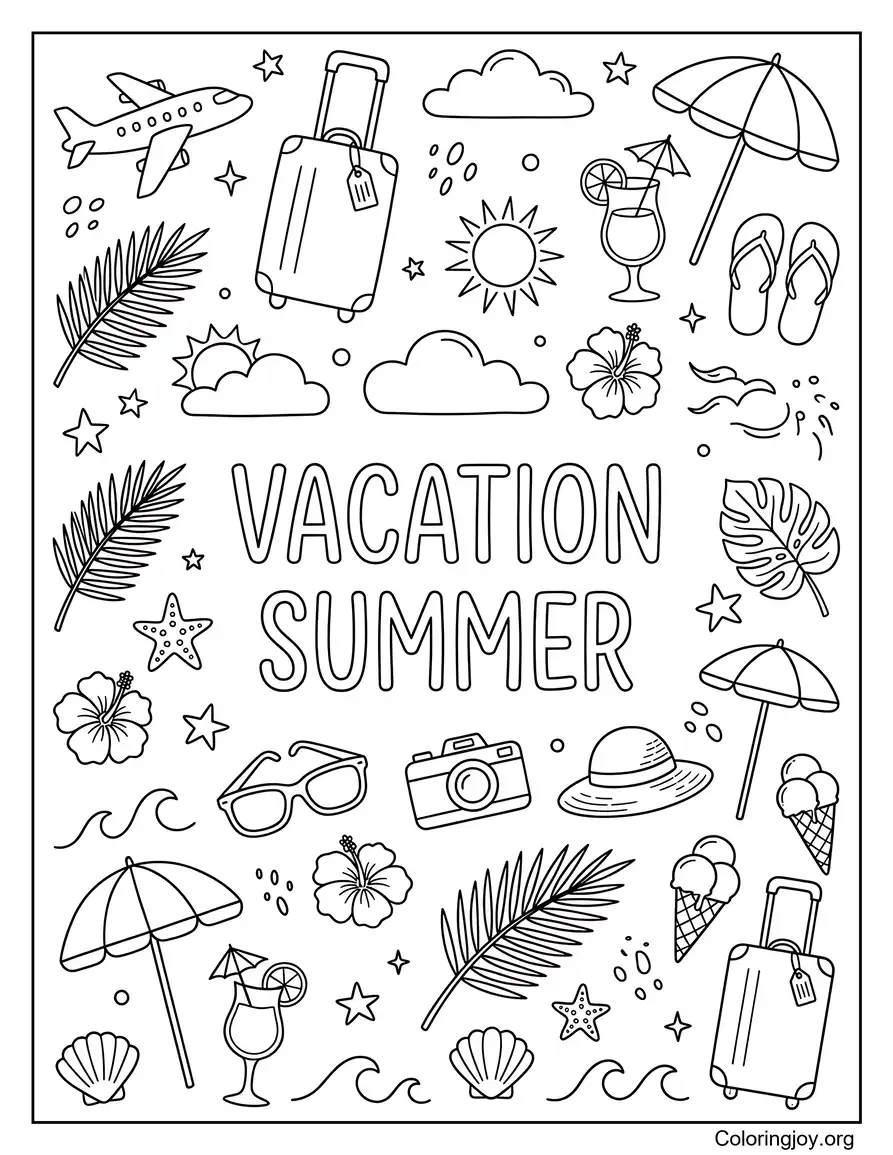 Hojas imprimibles de garabatos de vacaciones de verano página para colorear