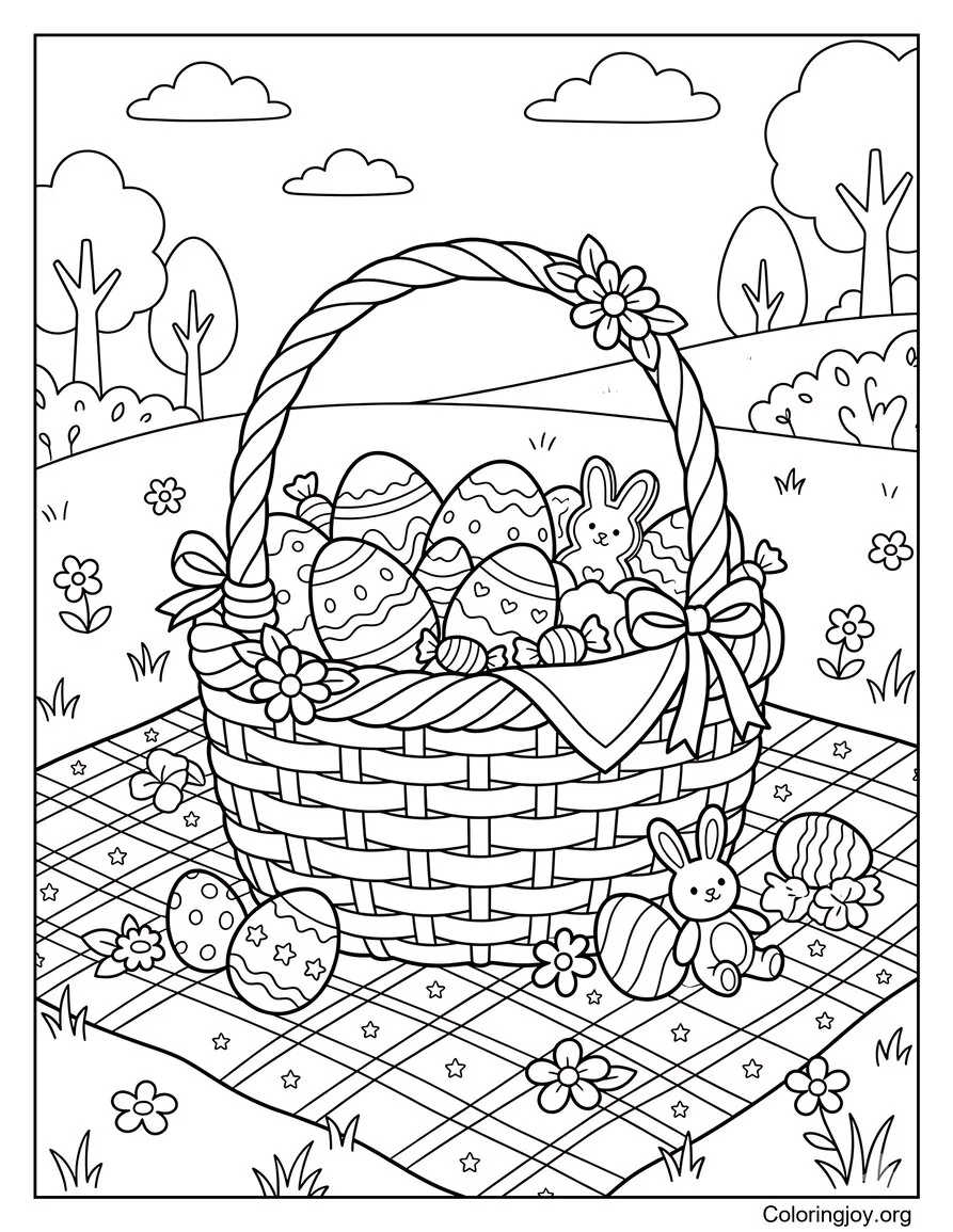 Picnic basket with eggs and treats on a blanket.
