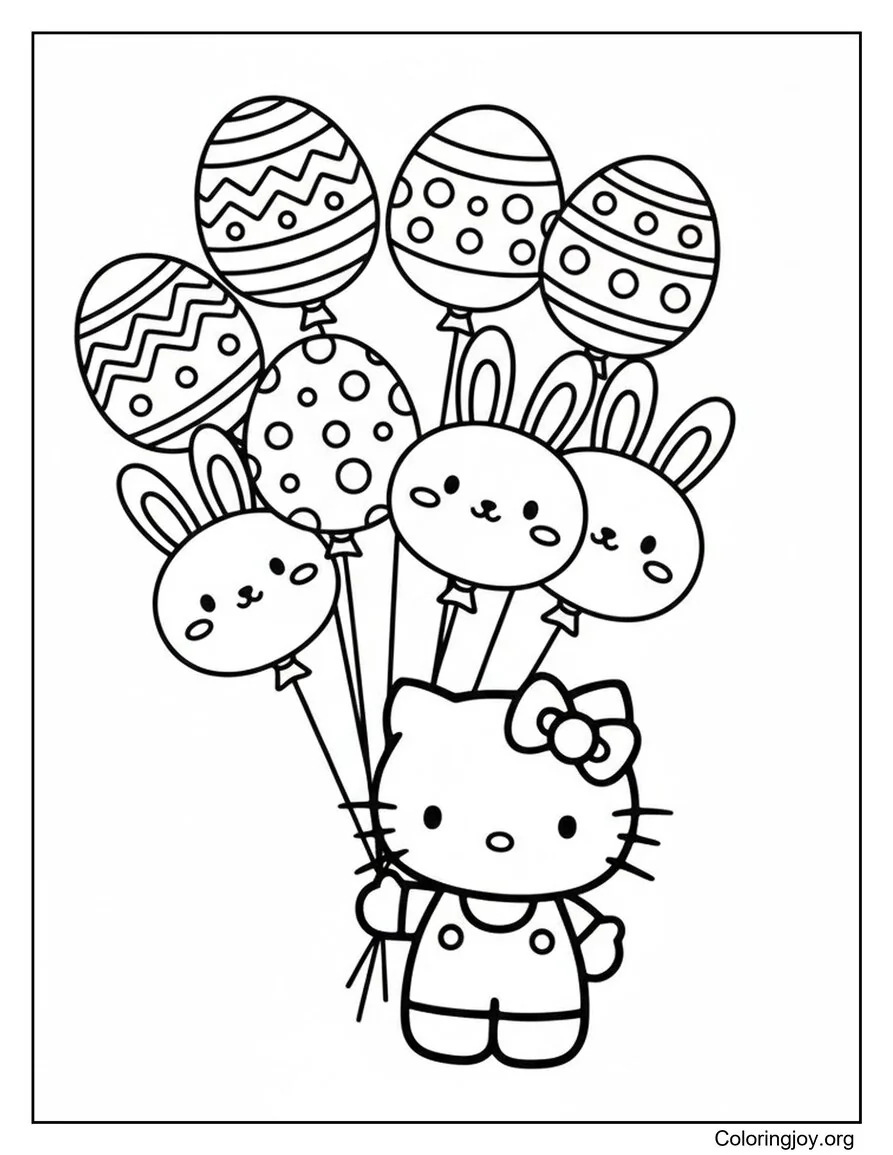 Hello Kitty Holds Easter Themed Balloons coloring page