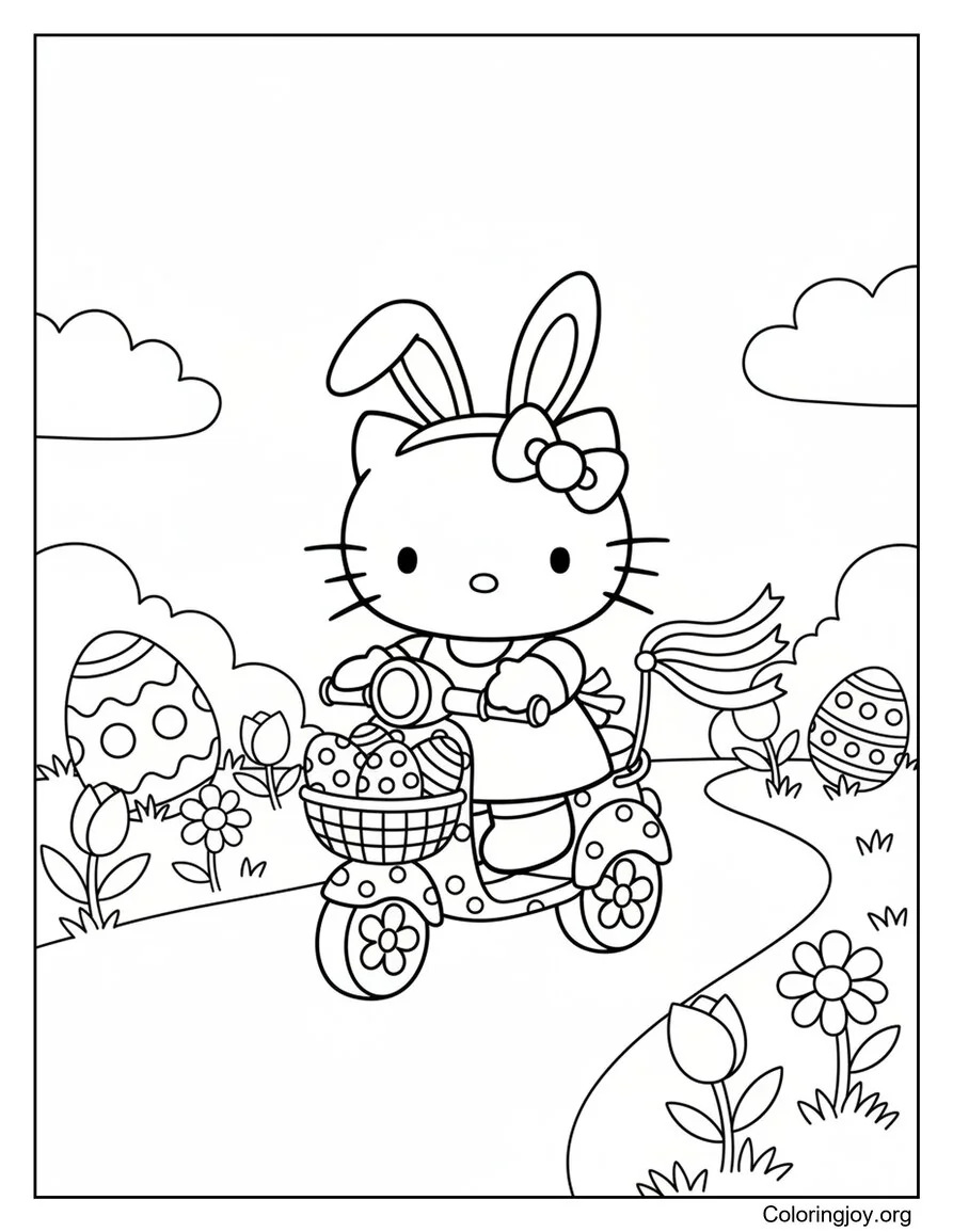 Hello Kitty rides a scooter decorated with eggs and flowers.